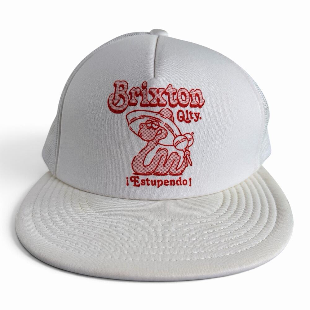 Brixton Qlty White Red Graphic Mesh High Profile Trucker Hat Snapback Estupendo